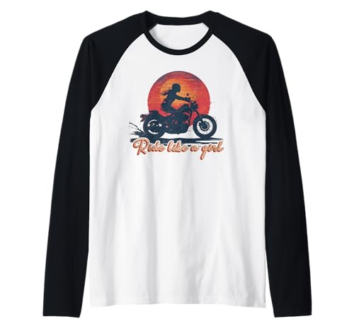 Ride Like a Girl Motorradliebhaberin im Vintage-Stil bei Sonnenuntergang Raglan von Motorcycle lover Girl outfits