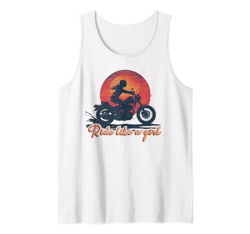 Ride Like a Girl Motorradliebhaberin im Vintage-Stil bei Sonnenuntergang Tank Top von Motorcycle lover Girl outfits