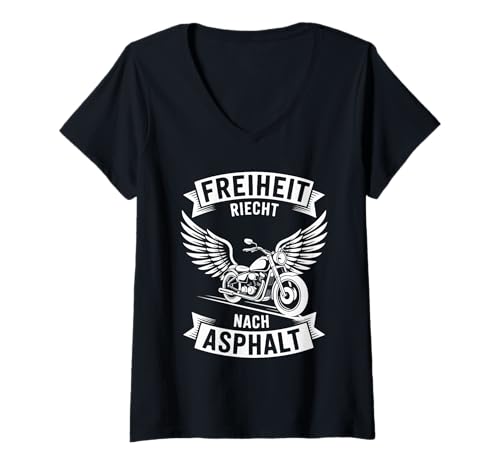 Damen Freiheit Riecht Nach Asphalt Motorrad T-Shirt mit V-Ausschnitt Damen Freiheit Riecht Nach Asphalt Motorrad T-Shirt mit V-Ausschnitt von Motorrad Biker Freiheit Asphalt Retro
