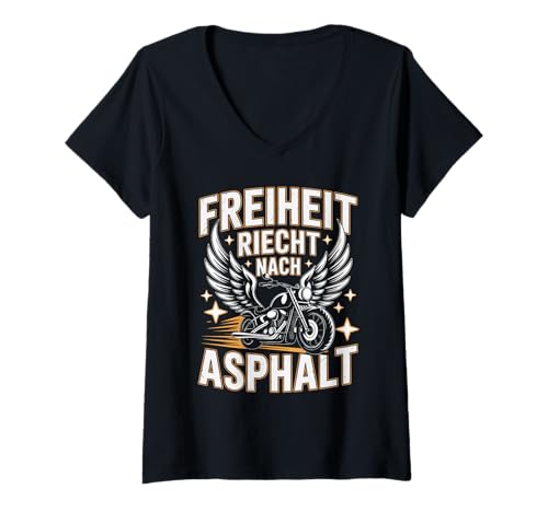 Damen Freiheit Riecht Nach Asphalt Motorrad T-Shirt mit V-Ausschnitt Damen Freiheit Riecht Nach Asphalt Motorrad T-Shirt mit V-Ausschnitt von Motorrad Biker Freiheit Asphalt Retro