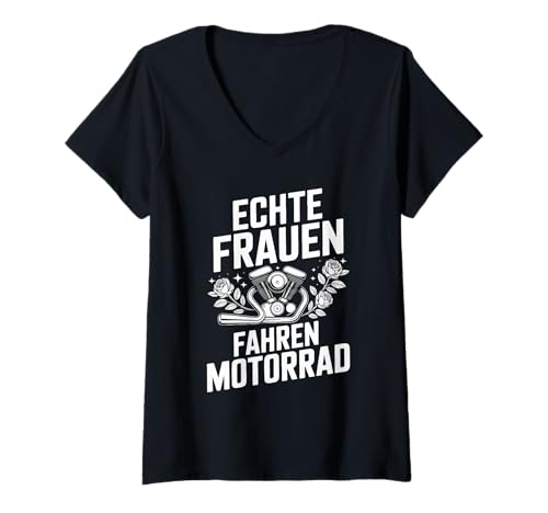 Damen Echte Frauen Fahren Motorrad Vintage Stil T-Shirt mit V-Ausschnitt Damen Echte Frauen Fahren Motorrad Vintage Stil T-Shirt mit V-Ausschnitt von Motorrad Enthusiasten Frauen Abenteuer