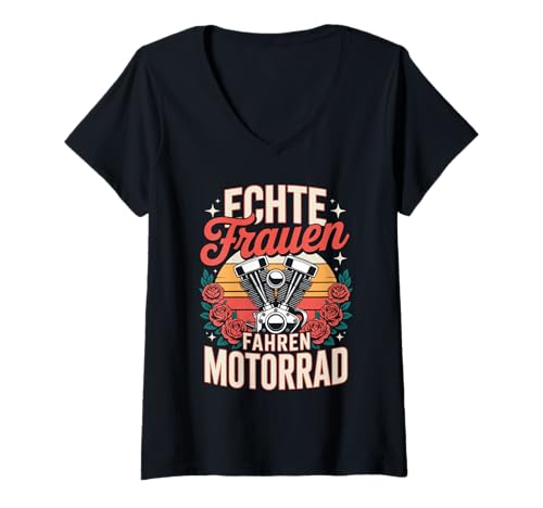 Damen Echte Frauen Fahren Motorrad Vintage Stil T-Shirt mit V-Ausschnitt Damen Echte Frauen Fahren Motorrad Vintage Stil T-Shirt mit V-Ausschnitt von Motorrad Enthusiasten Frauen Abenteuer