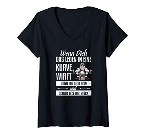 Damen wenn dich das leben in die kurve wirft T-Shirt mit V-Ausschnitt von Motorrad Geschenke für Motorradfahrer