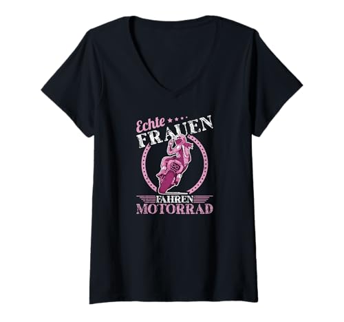 Damen Motorradfahrerin Echte Frauen Fahren Motorrad T-Shirt mit V-Ausschnitt Damen Motorradfahrerin Echte Frauen Fahren Motorrad T-Shirt mit V-Ausschnitt von Motorrad Kleidung für Frauen