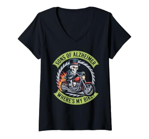 Damen Sons Of Alzheimer Where's My Bike T-Shirt mit V-Ausschnitt Damen Sons Of Alzheimer Where's My Bike T-Shirt mit V-Ausschnitt von Motorrad Skelett Alzheimer Humor
