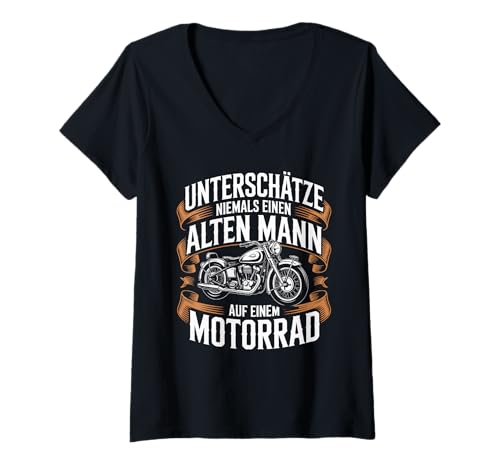 Damen Unterschätze Niemals Einen Alten Mann Auf Einem Motorrad T-Shirt mit V-Ausschnitt Damen Unterschätze Niemals Einen Alten Mann Auf Einem Motorrad T-Shirt mit V-Ausschnitt von Motorradfahren Alte Männer Leidenschaft