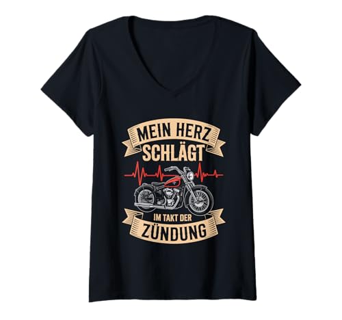 Damen Mein Herz Schlägt Im Takt Der Zündung Motorrad T-Shirt mit V-Ausschnitt Damen Mein Herz Schlägt Im Takt Der Zündung Motorrad T-Shirt mit V-Ausschnitt von Motorradfahrer Leidenschaft Biker Herzschlag
