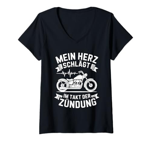 Damen Mein Herz Schlägt Im Takt Der Zündung Motorrad T-Shirt mit V-Ausschnitt Damen Mein Herz Schlägt Im Takt Der Zündung Motorrad T-Shirt mit V-Ausschnitt von Motorradfahrer Leidenschaft Biker Herzschlag