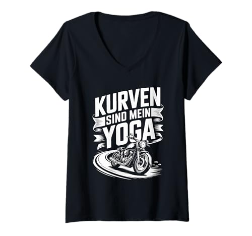 Damen Kurven Sind Mein Yoga Motorrad Abenteuer T-Shirt mit V-Ausschnitt Damen Kurven Sind Mein Yoga Motorrad Abenteuer T-Shirt mit V-Ausschnitt von Motorradfahrer Leidenschaft Kurvenreisen