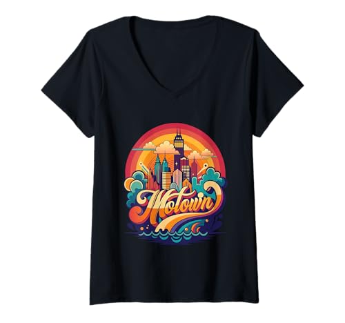 Damen Motown Detroit City Skyline Vintage Inspired 70s Lovers T-Shirt mit V-Ausschnitt Damen Motown Detroit City Skyline Vintage Inspired 70s Lovers T-Shirt mit V-Ausschnitt von Motown Designs