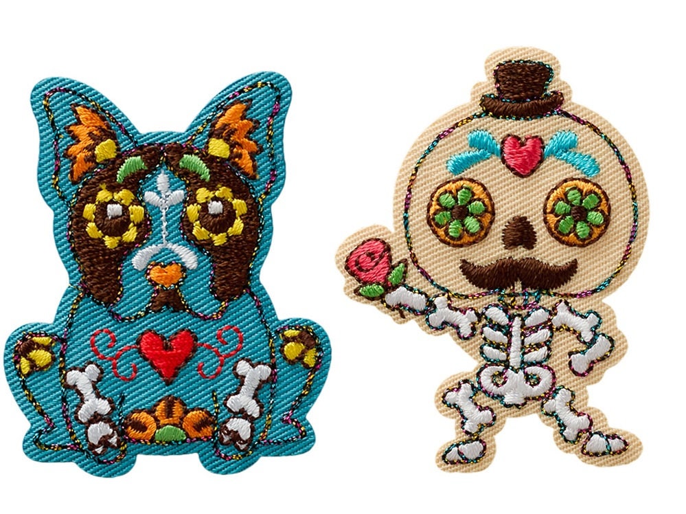 Mono Quick 0820x Dia De Muertos Bügelbild, Patch, Hund Oder Skelett Mit Glitzerfaden von MottoWelt