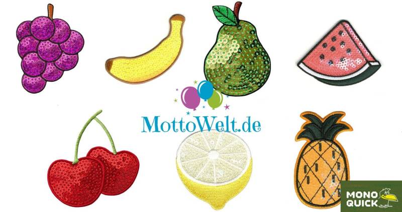 Mono Quick Früchte Obst Pailletten Applikationen, Zitrone Melone Banane Kirschen Birne Trauben Ananas - Patch Bügelbild Mono Quick Früchte Obst Pailletten Applikationen, Zitrone Melone Banane Kirschen Birne Trauben Ananas - Patch Bügelbild von MottoWelt