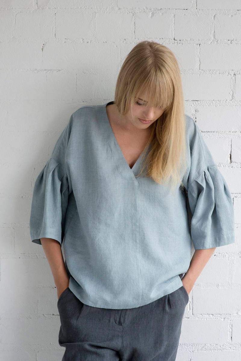 Leinen Bluse Motumo - 17 P 2/Handgemachte Lose Sommerbluse Mit 3/4 Ärmeln V Ausschnitt Gewaschen von MotumoLinen