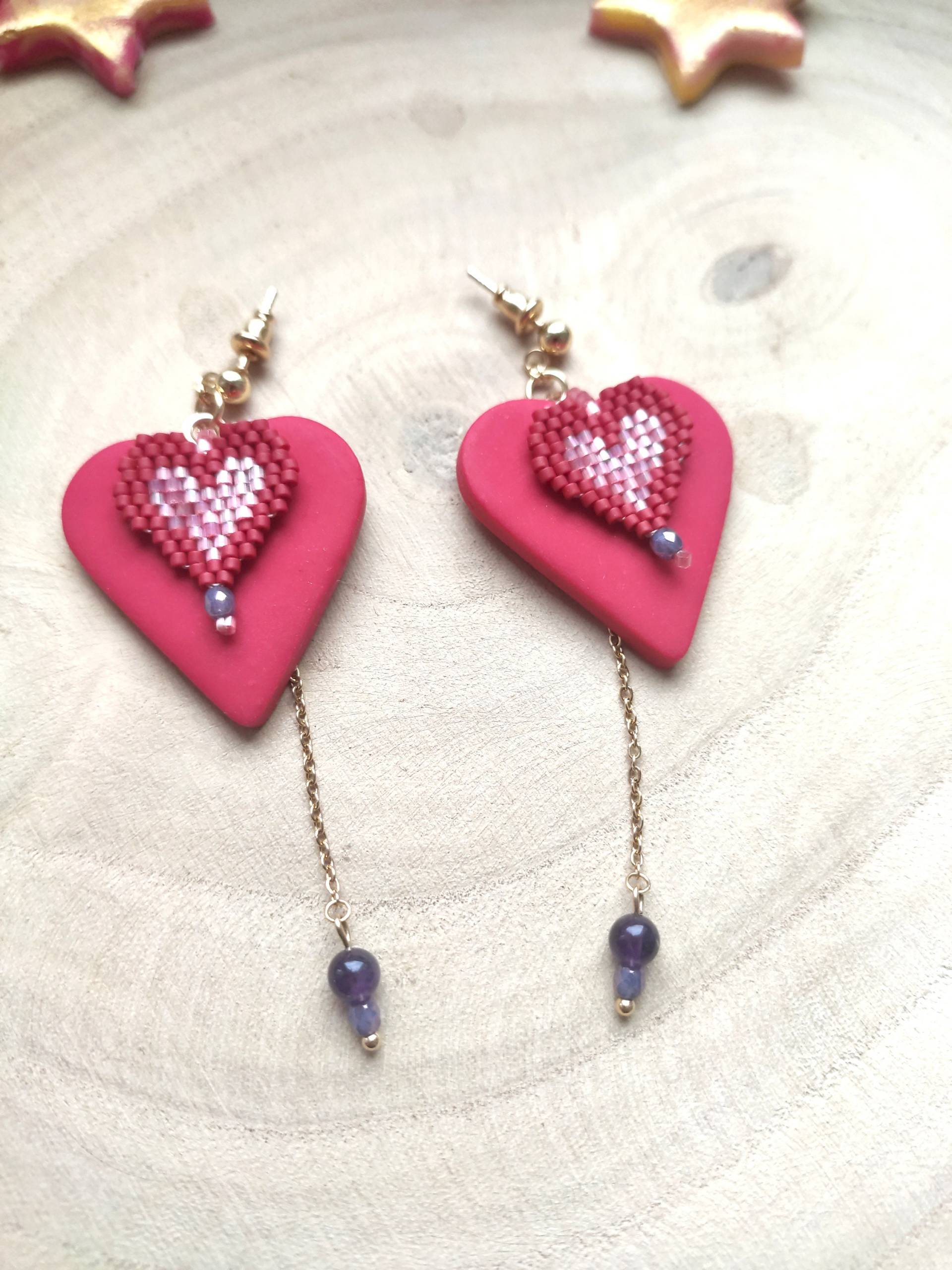 Rote Herzohrringe Mit Anhängerkette, Ohrringe Aus Polymer Clay, Perlenohrringe Miyuki Schmuck Rote Herzohrringe Mit Anhängerkette, Ohrringe Aus Polymer Clay, Perlenohrringe Miyuki Schmuck von MotylShop
