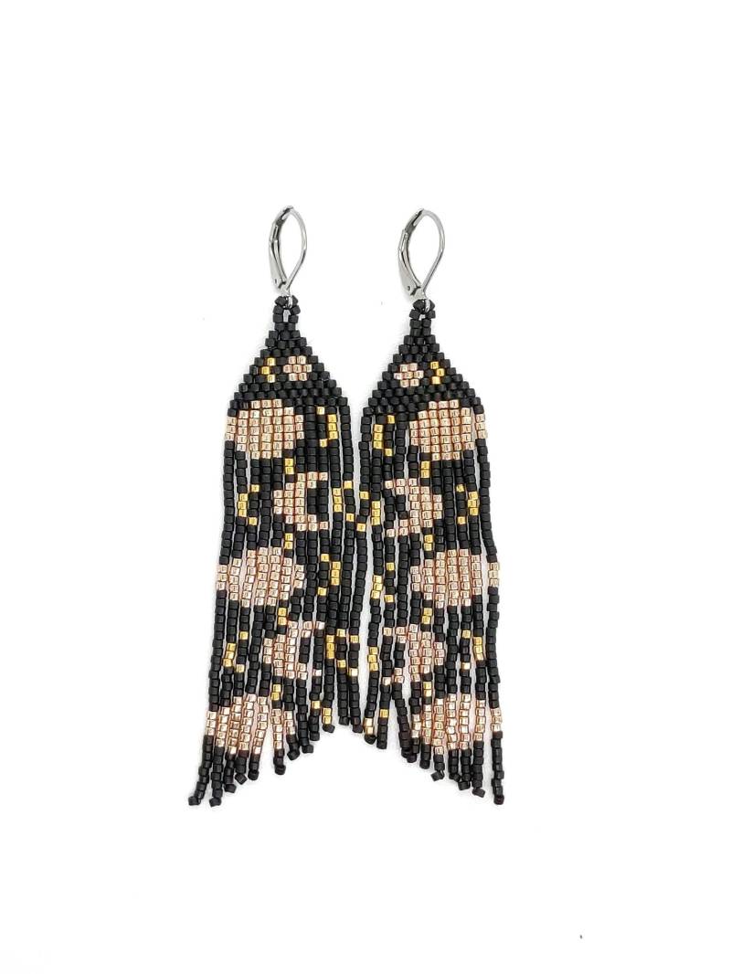 Lange Statement-Ohrringe, Schwarz-Goldene Fransenohrringe, Handgefertigter Schmuck Mit Miyuki-Perlen, Schmuckgeschenk Beads, Jewelry Gift von MotylShop