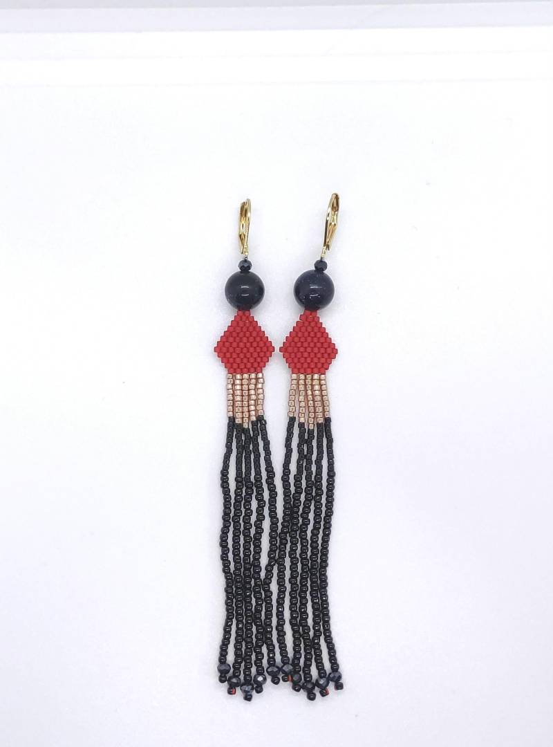 Lang Fransen-Ohrringe, Handgemachte Perlenohrringe, Party-Ohrringe, Miyuki-Perlenohrringe, Handgewebte Ohrringe von MotylShop