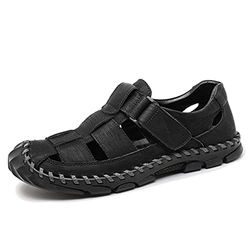 Sommer Outdoor Herren Leder Sandalen Strand Geschlossene Trekkingsandalen Klettverschluss Reisen Sport Wanderschuhe Fischer Wasserfest Sandale von Moudn