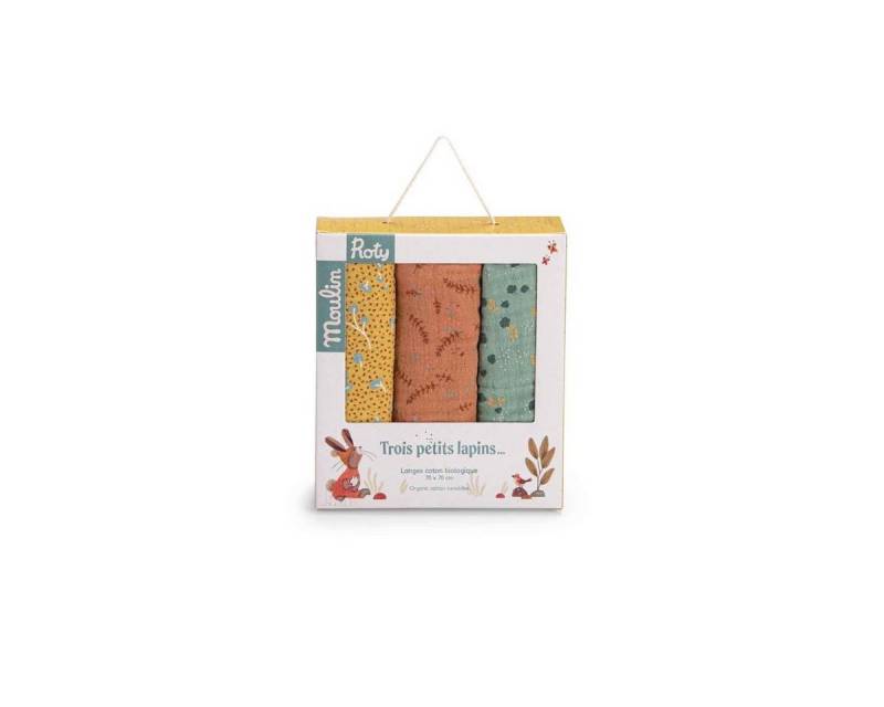 Moulin Roty Stoffwindeln Set 3 Mulltücher Trois Lapins 70x70cm Spucktuch Kuscheltuch von Moulin Roty