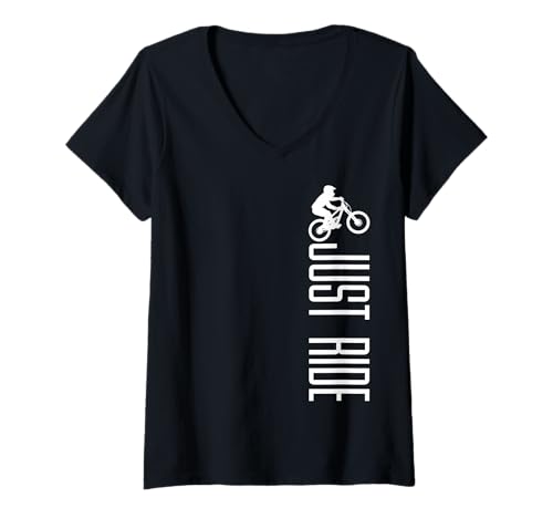 Damen Mountainbike Just Ride MTB Biking Mountainbiker Geschenk T-Shirt mit V-Ausschnitt von Mountain Bike Downhill Apparel Co.