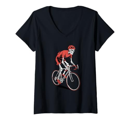 Damen Halloween Skelett Radfahrer Mountainbike MTB Radfahren T-Shirt mit V-Ausschnitt Damen Halloween Skelett Radfahrer Mountainbike MTB Radfahren T-Shirt mit V-Ausschnitt von Mountain Biking Gift For A Cyclist