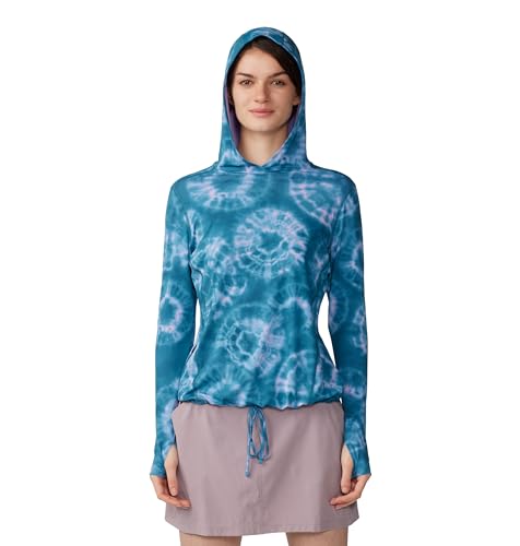 Mountain Hardwear Damen Crater Lake Langarm-Kapuzenpullover Hemd, Baltic Blue Spore Dye Print, Medium von Mountain Hardwear