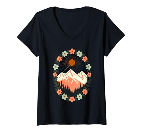 Damen Blumenkranz Berg Botanische Sonnenstrahlen Woodland T-Shirt mit V-Ausschnitt Damen Blumenkranz Berg Botanische Sonnenstrahlen Woodland T-Shirt mit V-Ausschnitt von Mountain Landscape Sun Forest Flowers Nature
