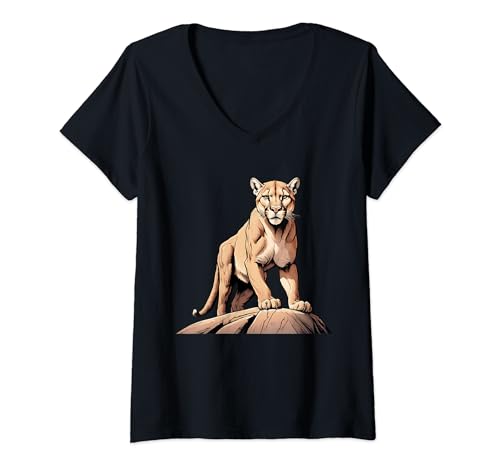 Damen Vintage Berg König der Löwen Geschenk Erwachsene Männer Frauen Mädchen Jungen T-Shirt mit V-Ausschnitt von Mountain Lion Animal Birthday Holiday Presents