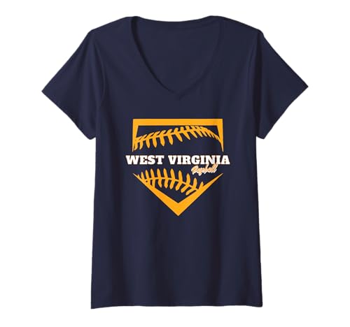Damen WV Homeplate Baseballspieler Catcher West Virginia Ball Team T-Shirt mit V-Ausschnitt von Mountain State Baseball Apparel