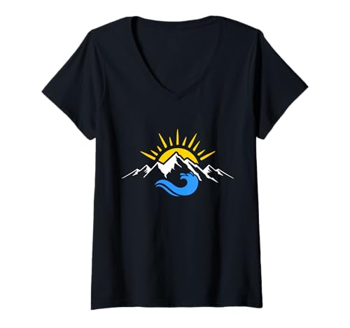 Damen Mountain Sun Wave Minimalistisches Surfen Naturliebhaber Surfer T-Shirt mit V-Ausschnitt Damen Mountain Sun Wave Minimalistisches Surfen Naturliebhaber Surfer T-Shirt mit V-Ausschnitt von Mountain Sun Wave - Surf Apparel & Gifts