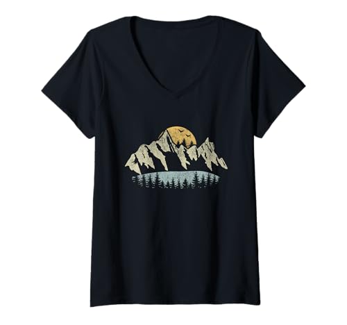 Damen Mountain Sunset Nature Lake Forest Trees Outdoor Wildlife T-Shirt mit V-Ausschnitt Damen Mountain Sunset Nature Lake Forest Trees Outdoor Wildlife T-Shirt mit V-Ausschnitt von Mountain Sunrise Nature Lake Forest Trees Sunset