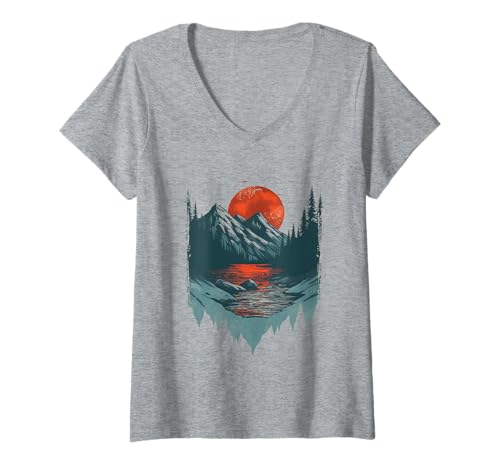 Damen Mountain Sunset Nature Landscape T-Shirt mit V-Ausschnitt Damen Mountain Sunset Nature Landscape T-Shirt mit V-Ausschnitt von Mountain Sunset Nature Co.