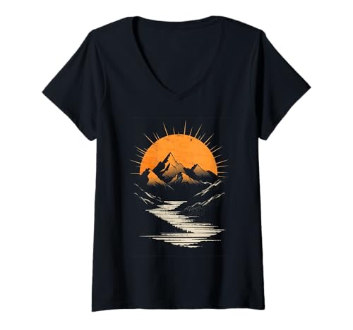 Damen Mountain Sunset Nature Landscape T-Shirt mit V-Ausschnitt Damen Mountain Sunset Nature Landscape T-Shirt mit V-Ausschnitt von Mountain Sunset Nature Co.
