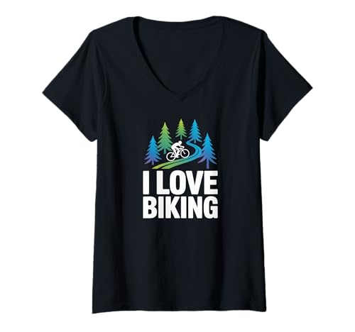 Damen Ich Liebe Radfahren, Abenteuer, Natur, Radfahrer T-Shirt mit V-Ausschnitt Damen Ich Liebe Radfahren, Abenteuer, Natur, Radfahrer T-Shirt mit V-Ausschnitt von Mountain Trail Biking Enthusiasts Design