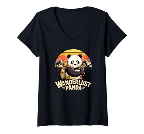 Damen Panda Backpacker Retro Mountain Landscape T-Shirt mit V-Ausschnitt Damen Panda Backpacker Retro Mountain Landscape T-Shirt mit V-Ausschnitt von Mountain Trails