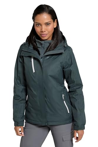 Mountain Warehouse Bracken Extreme Wasserdichte 3-in-1-Damenjacke - Atmungsaktive Regenjacke, Thermo-Funktionsjacke, mit abnehmbarer Kapuze - Wandern Khaki Damengröße EU 38 von Mountain Warehouse