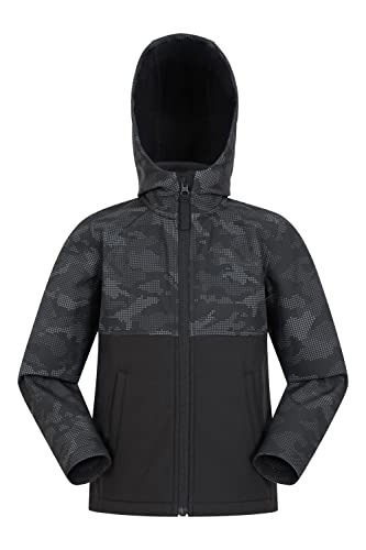 Mountain Warehouse Exodus Wasserdichte Windjacke Kinder Softshell - Leichte, Atmungsaktive Regenjacke, Wasserfeste Jacke Schwarz-Camouflage 116 DE (5-6 Jahre) von Mountain Warehouse