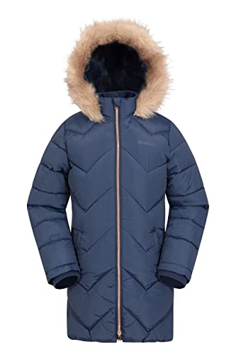 Mountain Warehouse Galaxy gefütterte, gepolsterte Fleece-Kinderjacke – wasserdichte Winter Steppjacke für Mädchen & Jungen, Kapuze aus Kunstfell, Longline Marineblau 7-8 Jahre von Mountain Warehouse