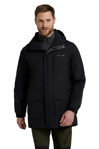 Mountain Warehouse Glacier II Lange, wasserfeste Herrenjacke - Versiegelte Nähte, atmungsaktiv, abnehmbare Kapuze, schnelltrocknend, Winter - Für Reisen, Herbst Schwarz X-Large von Mountain Warehouse