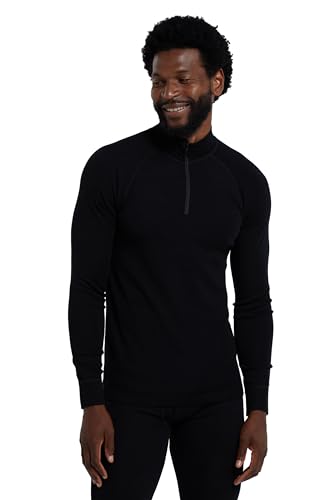 Mountain Warehouse Merino Langarm Baselayer-Thermotop für Herren - Atmungsaktives T-Shirt, Halbreißverschluss, bequemes T-Shirt - Ideal zum Campen Winter Baselayer Schwarz 3XL von Mountain Warehouse