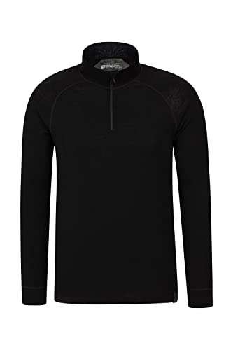 Mountain Warehouse Merino Langarm Baselayer-Thermotop für Herren - Atmungsaktives T-Shirt, Halbreißverschluss, bequemes T-Shirt - Ideal zum Campen Winter Baselayer Schwarz XS von Mountain Warehouse