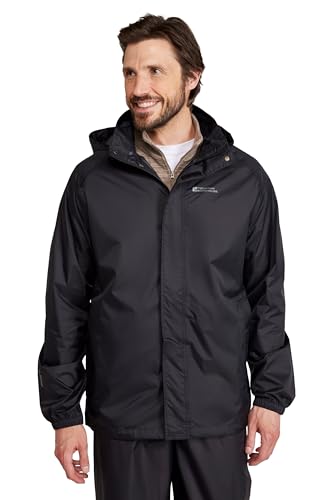 Mountain Warehouse Pakka wasserdichte Herren Jacke zusammenfaltbare Regenjacke Windjacke Kapuze Tragebeutel Camping Outdoor, Herbst Schwarz XX-Small von Mountain Warehouse
