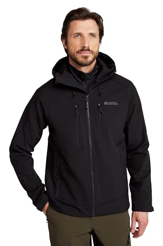 Mountain Warehouse Radius Softshell-Jacke für Herren - Wasserabweisend, atmungsaktiv, verstellbare Regenjacke mit Kinnschutz - Ideal zum Spazieren, im Freien Schwarz X-Small von Mountain Warehouse