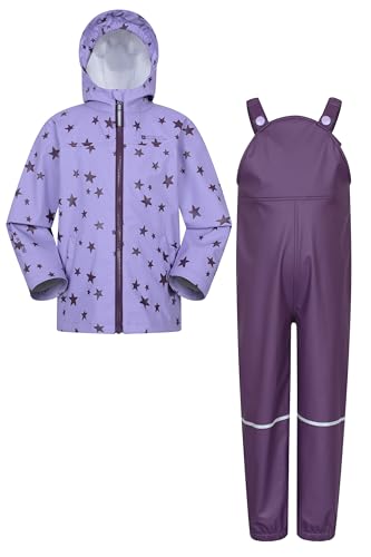 Mountain Warehouse Raindrop Kinder Wasserdichte Jacke und Hose Set - Atmungsaktive Regenjacke und -hosen, leicht, elastische Hosenträger& reflektierende Details Violett Kinder 98 DE (2-3 Jahre) von Mountain Warehouse