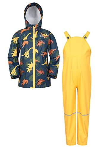 Mountain Warehouse Raindrop Kinder wasserdichte Jacke und Hose Set - Atmungsaktive Regenjacke und -Hosen, leicht, getapte Nähte, elastische Hosenträger& reflektierende Details Dino Blau 5-6 Jahre von Mountain Warehouse