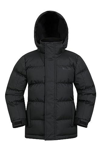 Mountain Warehouse Snow wasserabweisende Winterjacke für Kinder - gesteppte, wattierte, atmungsaktive Jacke mit Kapuze für Jungen und Mädchen, leichte Regenjacke Tiefschwarz Kinder 140 DE (9-10 Jahre) von Mountain Warehouse