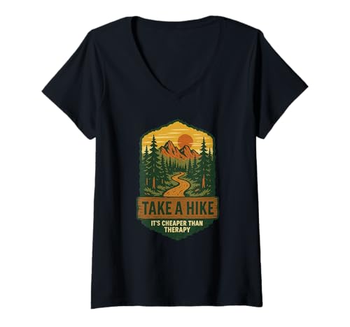 Damen Retro Wanderung Bergwald Abenteuer T-Shirt mit V-Ausschnitt Damen Retro Wanderung Bergwald Abenteuer T-Shirt mit V-Ausschnitt von Mountain Wilderness Adventure