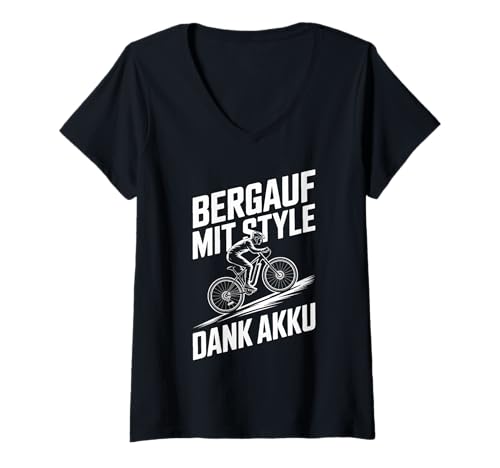 Damen Bergauf Mit Style Dank Akku Radfahren T-Shirt mit V-Ausschnitt Damen Bergauf Mit Style Dank Akku Radfahren T-Shirt mit V-Ausschnitt von Mountainbike E-Bike Abenteuer Berg