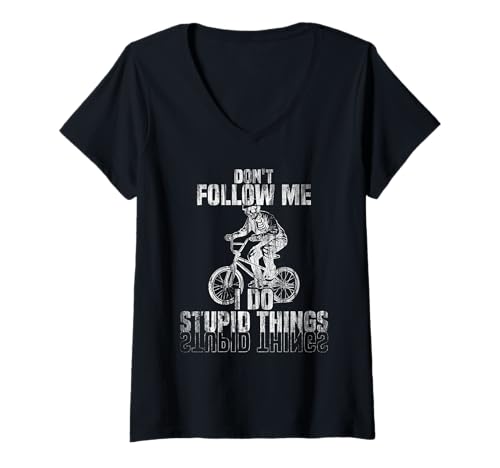Damen Don't Follow me I do Stupid Things Skelett fährt BMX T-Shirt mit V-Ausschnitt von Mountainbike Fahrrad Geschenk Downhill BMX Gift