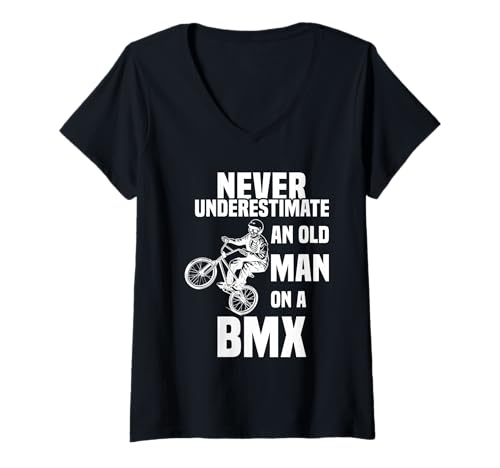 Damen Never Underestimate an Old Man on a BMX Skelett fährt BMX T-Shirt mit V-Ausschnitt von Mountainbike Fahrrad Geschenk Downhill BMX Gift