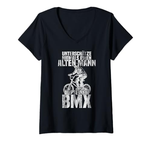 Damen Unterschätze Niemals Alten Mann auf BMX Skelett fährt BMX T-Shirt mit V-Ausschnitt von Mountainbike Fahrrad Geschenk Downhill BMX Gift